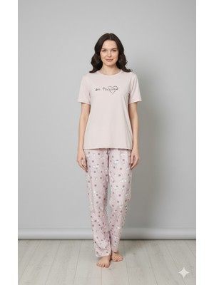 Over Sleep by Poleren Tüylenmez Kırışmaz Kumaş Kısa Kol Yazlık Kadın Pijama Takımı