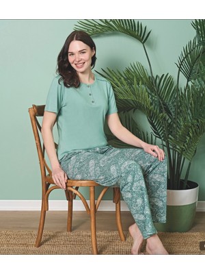 Over Sleep by Poleren Tüylenmez Kırışmaz Kumaş Kısa Kol Yazlık Kadın Pijama Takımı