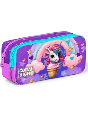Mikasso Mor Pembe Unicorn Dondurma Desenli Iki Bölmeli Kalem Çantası 12095 Tekstil Mor