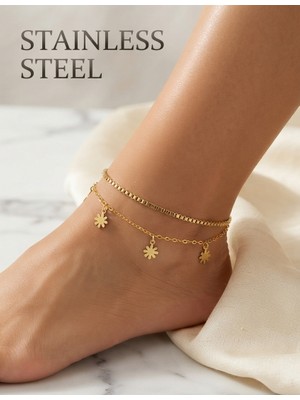 Stainless Steel Gold Renk Papatya Model Asansör ve Sf Zincir Çelik Halhal