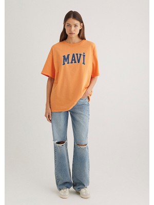 Mavi Kadın Turuncu Logo Baskılı Günlük Tişört Kısa Kol Pamuklu İnce Model
