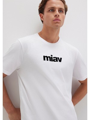 Mavi Siyah Miav Baskılı Beyaz Tişört 067153-602