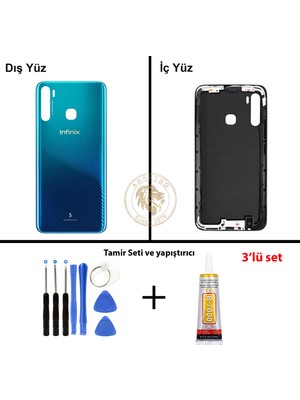 Arsking Infinix S5 Mavi Uyumlu Arka Kapak + Yapıştırıcı ve Vida Seti Arka Cam Batarya Pil Kapağı Lazer Kesim