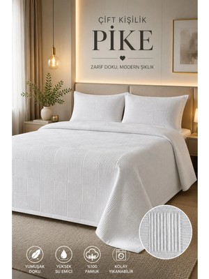 Pike Örtüsü Beyaz Pamuklu Desenli Yatak Örtüsü Çift Kişilik 200X230
