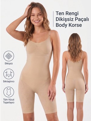 Womenmade Kadın Ten Rengi Dikişsiz Paçalı Body Korse – Askılı Sıkılaştırıcı ve Tüm Vücut Toparlayıcı