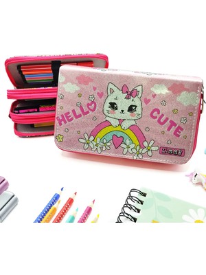Mikasso Simli Işıltılı Kitty Hello Cute Kalem Kutusu Vegan Deri Kalemkutu Üç Bölmeli Kalemlik -Pembe Tekstil