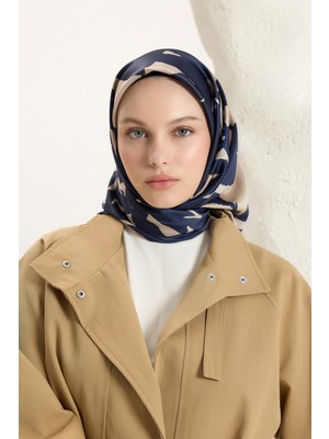 QEF Desenli Twill Eşarp Leaf Lacivert