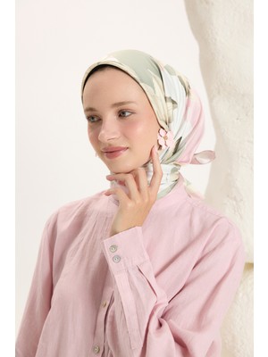 QEF Desenli Twill Eşarp Floral Soft Yeşil