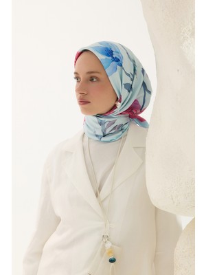 QEF Desenli Twill Eşarp Hera Mavi