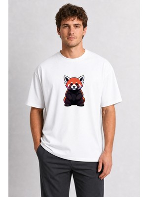 Wakha Erkek Modern Sokak Stili Kızıl Panda Baskı Tasarımı - Beyaz Tişört
