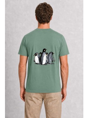 Wakha Erkek El Çizimi Penguen Ailesi Sırt Baskılı - Yeşil