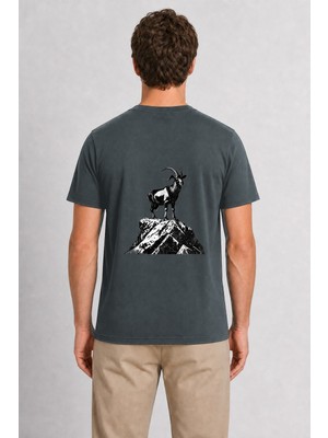 Wakha Erkek Dağ Keçisi Vintage Baskı Tasarımı Sırt Baskılı - Füme