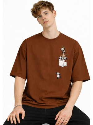 Belirtilmemiş Panda - Baskılı Oversize Tişört Kahve