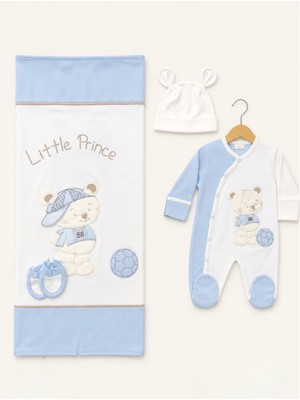 Kardeşler Bebe Erkek Bebek Ayıcık Nakışlı 4 Parça Battaniyeli Tulum Seti (Tulum + Battaniye + Bere + Patik)