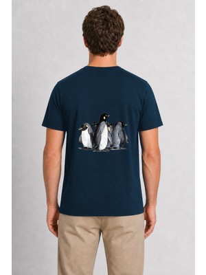Wakha Erkek El Çizimi Penguen Ailesi Sırt Baskılı - Lacivert