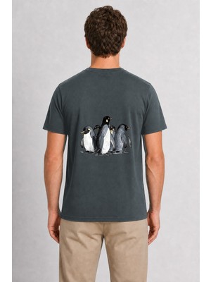 Wakha Erkek El Çizimi Penguen Ailesi Sırt Baskılı - Füme