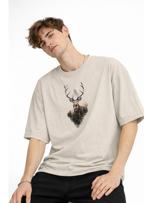 Belirtilmemiş Deer - Oversize Erkek Tişört Bej