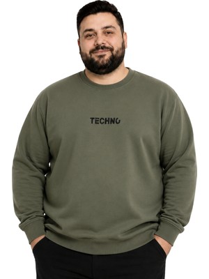 Battal Moda Erkek Büyük Beden Haki Iki Iplik Techno Sweatshirt 5xl-6xl-7xl-8xl