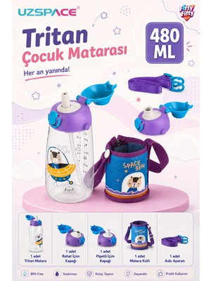 Uzspace 480ML Kılıflı Iki Ayrı Kapaklı Pipetli/pipetsiz Taşıma Askılı Tritan Çocuk Su Matarası