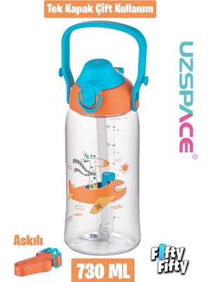 Uzspace 730ML Tritan Tek Kapak Çift Kullanım Pipetli/pipetsiz Askı Aparatlı Tritan Çocuk Su Matarası