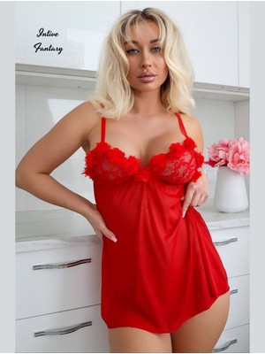 Intive Lingerie Intive Fantasy Kırmızı Göğsü Çiçek Aplikeli Transparan Ince Askılı Mini Gecelik