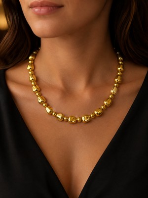 Kadın Gold Renk Çakıl Taşı Formlu Iri Boncuklu 40-45 cm Uzatma Zincirli Kolye  Paslanmaz Çelik Kolye