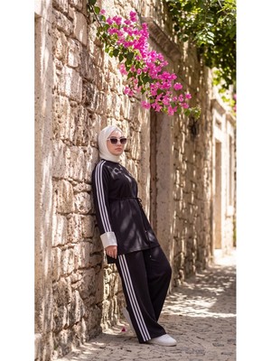 MİMİ LUXURY WEAR Kadın Belden Bağlamalı Kolu Beyaz Manşetli Şeritli Ikili Takım 3004