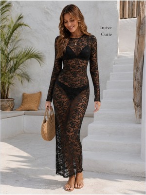 Intive Lingerie Intive Cutie Tamamı Dantel Uzun Kollu Transparan Sütyen Takımlı Maksi Feminen Gecelik
