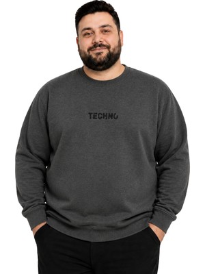 Battal Moda Erkek Büyük Beden Antrasit Iki Iplik Techno Sweatshirt 5xl-6xl-7xl-8xl