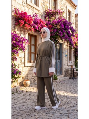 MİMİ LUXURY WEAR Kadın Belden Bağlamalı Kolu Beyaz Manşetli Şeritli Ikili Takım 3004