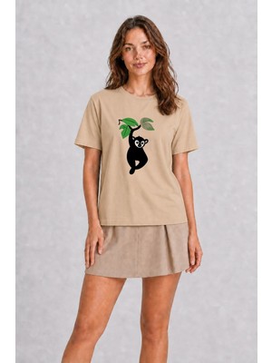 Wakha Kadın Tropikal Lemur Retro Grafik - Krem
