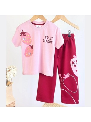 Dereff Çilekli Bordo Pembe Eşofman Takım 3-4 Yaş