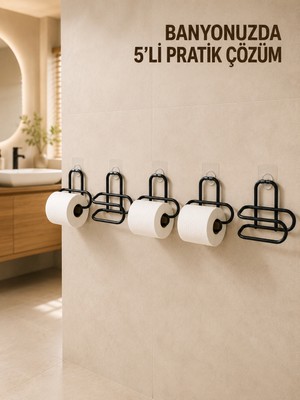 5 Adet Duvara Yapışkanlı Wc Kağıtlık Delmeden Montaj Siyah Metal Tuvalet Kağıdı Askısı - Lisinya