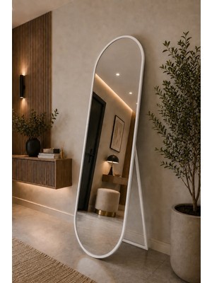 Effe Yapı Dekor Beyaz Metal Çerçeveli 180X60 cm Elips Model Ayaklı Boy Aynası