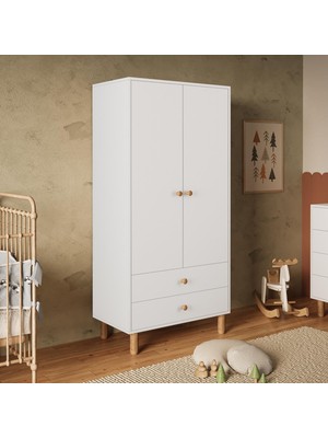 Bimossa KG2040 Bunny Beyaz 80 Cm, 2 Kapaklı Gardırop, 2 Çekmeceli Yüksek Ayaklı Çocuk Odası Gardırobu