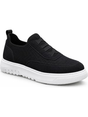 Beskar Özel Örme Triko Erkek Spor Ayakkabı - Deri Tozu Detaylı Esnek Siyah Günlük Sneaker BA0911