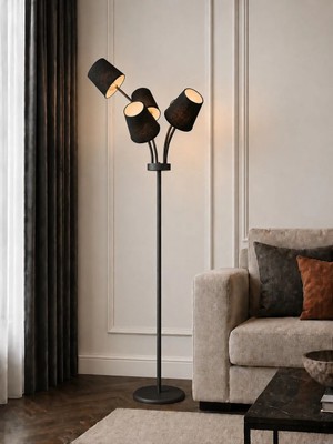 Florina Modern Siyah Metal Siyah 5 Kumaş Başlıklı Asimetrik Metal Lambader
