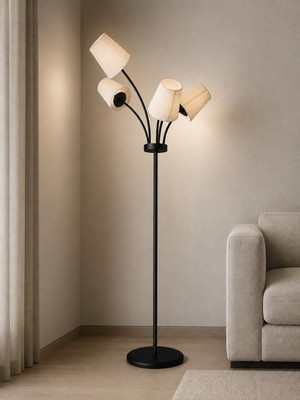 Florina Modern Siyah Metal 5 Beyaz Kumaş Başlıklı Asimetrik Metal Lambader