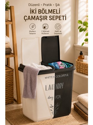 Porsima 0047 90 Litre Çift Gözlü Etiketli Çamaşır Sepeti Siyah Beyaz-İki Bölmeli Kirli Sepeti