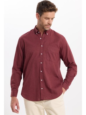 Tudors Erkek Regular Fit Klasik Kesim Oversize Pamuklu Keten Doku Düğmeli Yaka Bordo Gömlek