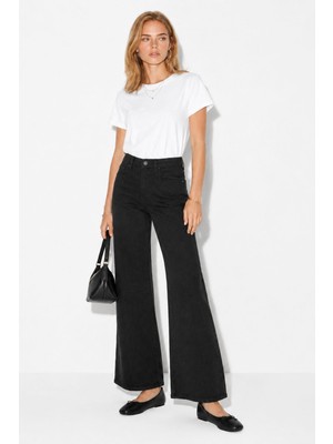 Vena Wanda Jakarlı Wide Leg Pantolon %100 Pamuk-Siyah