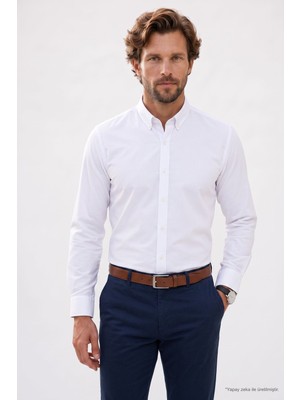Tudors Regular Fit Rahat Kesim Oxford Doku Uzun Kollu Düğmeli Yaka Pamuklu Beyaz Erkek Gömlek