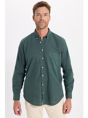Tudors Erkek Regular Fit Klasik Kesim Oversize Pamuklu Keten Doku Düğmeli Yaka Yeşil Gömlek
