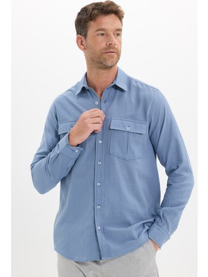 Tudors Erkek Regular Fit Klasik Kesim Oversize %100 Pamuk Keten Doku Çift Cep Indigo Gömlek