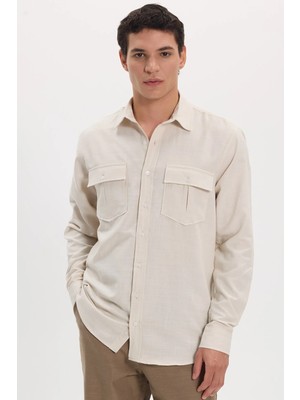 Tudors Erkek Regular Fit Klasik Kesim Oversize %100 Pamuk Keten Doku Çift Cep Bej Gömlek