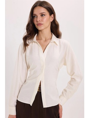 Tudors Kadın Slim Fit Dar Kesim Bel ve Sırt Bağlamalı Ekru Gömlek