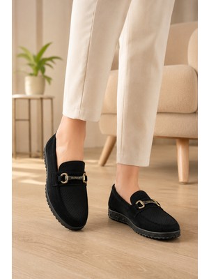 Homiro Kadın Tokalı Günlük Loafer Süet Ayakkabı- Siyah