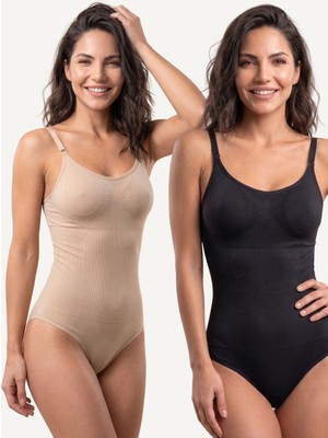 Womenmade Kadın 2'li Ten ve Siyah Renk 2 Beden İncelten Dikişsiz Kancalı Zıbın Body Korse Seti - Toparlayıcı ve Sıkılaştırıcı