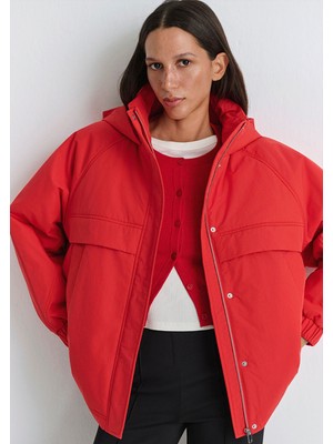 Mavi Kadın Su İtici Kapüşonlu Kırmızı Ceket Oversize Geniş Kesim 1110348-70461