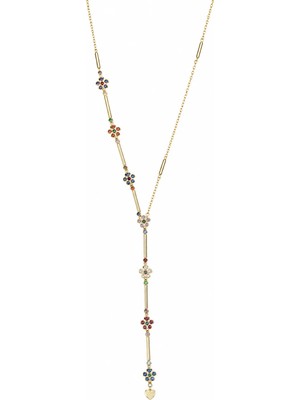 Poseidons Jewellery Flora Serisi Renkli Taşlı Çiçek Motifli Altın Kaplama Gold Y Kolye